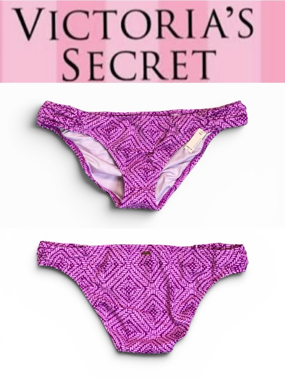 VICTORIA’S SECRET KNOCKOUT BIKINI BOTTOMS PURPLE GEOMETRIC PRINT SIZE LARGE